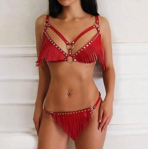 أطقم ملابس داخلية مثيرة للنساء من جلد البولي يوريثان سلسلة حزام الصدر بشراشيب مع برشام قابل للتعديل تنانير حمالة صدر بكيني على الطراز القوطي البانك in Kuwait