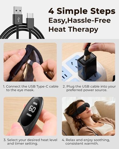 قناع العين المسخن للعيون الجافة: ضغط دافئ مستقر للعيون المتعبة، وتخفيف الدمل والتهاب الجفن - مع التحكم في درجة الحرارة والمؤقت، يعمل بمنفذ USB، تصميم ملائم تمامًا - مثالي للنوم والمكتب والسفر in Kuwait