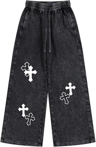 Mens Christian Wide Leg Sweatpants Graphic Straight Baggy Drawstring Acid Wash Joggers Workout Pants with Pockets in Saudi Arabia