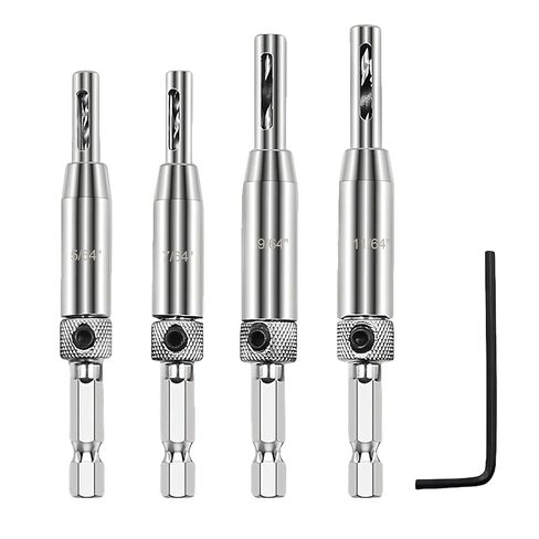 Professional 5-Piece Self-Centering Hinge Drill Bit Set, Silver Metal, 5/64-11/64 Inch Sizes, Door and Cabinet Installation Kit with Hex Key in Saudi Arabia