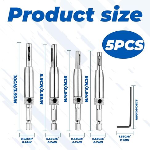 Professional 5-Piece Self-Centering Hinge Drill Bit Set, Silver Metal, 5/64-11/64 Inch Sizes, Door and Cabinet Installation Kit with Hex Key in Saudi Arabia