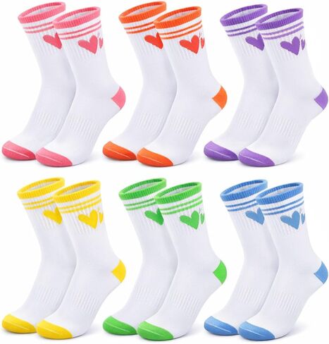 6 Pairs Cute Crew Girls Socks Hearts Striped Cotton Sock for Youth 9-13 Years Old in Saudi Arabia