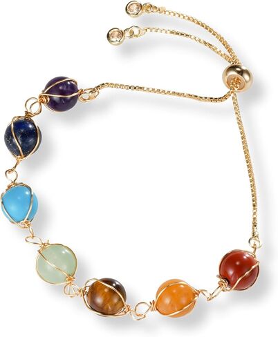 7 Chakra Stones Healing Crystal Beaded Bracelet Gold Plated Tigers Eye Lapis Lazuli Citrine Adjustable Bolo Boho Wellness Statement Jewelry for Women in Saudi Arabia