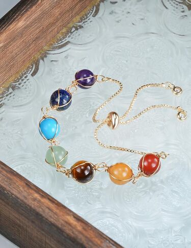 7 Chakra Stones Healing Crystal Beaded Bracelet Gold Plated Tigers Eye Lapis Lazuli Citrine Adjustable Bolo Boho Wellness Statement Jewelry for Women in Saudi Arabia