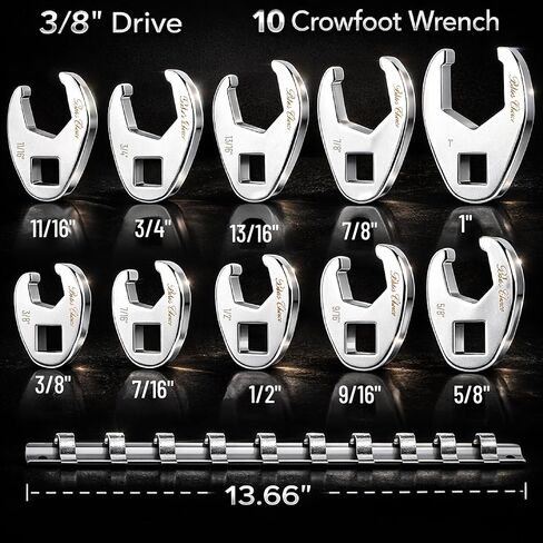 Bates- 3/8" Drive Flare Nut Wrench Set, 10 pcs, 3/8"-1", Chrome-Plated Steel, SAE Crowfoot Flare Nut Wrench Set With Clip-on Storage Rail for Nut Removal, Automotive Repair, Hard-To-Reach Areas in Saudi Arabia