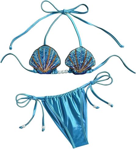 SHENHE Women's Satin String Bikini Set Sequin Seashell Top Pearl Beaded 2 Piece Swimsuits in Saudi Arabia
