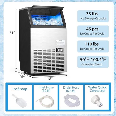 COSTWAY Commercial Ice Maker Machine, 110LBS/24H Stainless Steel Under Counter/Freestanding Self Cleaning Ice Machine w/ 33LBS Ice Storage Capacity & 24H Timer for Home Bar Restaurant Office in Saudi Arabia