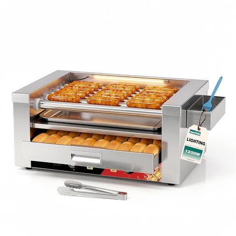WantJoin Commercial Hot Dog Roller with Light- 12 Hot Dogs 5 Rollers Capacity Hot Dog Roller Grill w/Glass Transparent Sneeze Guard, 750W, Dual Temp Control, Oil Tray, for Snack Bars, Food Trucks in Saudi Arabia