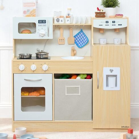 مجموعة مطبخ اللعب الخشبية للأطفال الصغار والأطفال مع نظام تخزين، صانع الثلج، الثلاجة، آلة القهوة، الفرن، الميكروويف، مجموعة المطبخ التظاهري للمساحات الصغيرة، لعبة هدية المطبخ للأولاد والبنات 3-5 in Kuwait