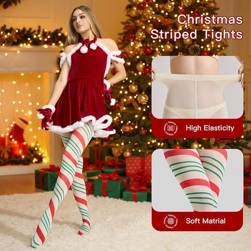 Yilanmy Christmas Striped Tights for Women 80D Opaque Christmas Pantyhose in Saudi Arabia