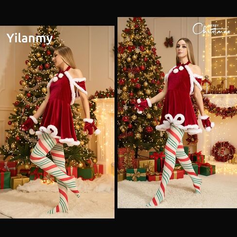 Yilanmy Christmas Striped Tights for Women 80D Opaque Christmas Pantyhose in Saudi Arabia
