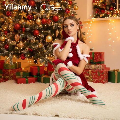 Yilanmy Christmas Striped Tights for Women 80D Opaque Christmas Pantyhose in Saudi Arabia