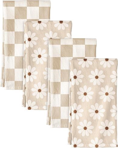 Miss Adola 2 Pack Flour Sack Kitchen Towels - 16x26 Inch Cotton Dish Towels with Hanging Loop Reusable Geometric Boho Modern Retro Tea Towel Absorbent Dishcloths Home Decor, Beige Checkered Flower in Saudi Arabia