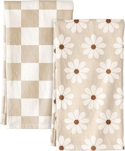 Miss Adola 2 Pack Flour Sack Kitchen Towels - 16x26 Inch Cotton Dish Towels with Hanging Loop Reusable Geometric Boho Modern Retro Tea Towel Absorbent Dishcloths Home Decor, Beige Checkered Flower in Saudi Arabia