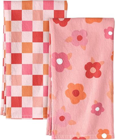 Miss Adola 2 Pack Flour Sack Kitchen Towels - 16x26 Inch Cotton Dish Towels with Hanging Loop Reusable Geometric Boho Modern Retro Tea Towel Absorbent Dishcloths Home Decor, Beige Checkered Flower in Saudi Arabia