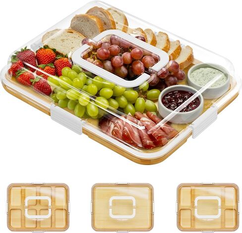 SpaceAid Charcuterie Board with Clear Lid, Portable Travel Cheese Cutting Boards for Picnic Accessories, Bamboo Serving Tray with Lids, House Warming Gifts, Black Handles, 8 Compartments in Kuwait