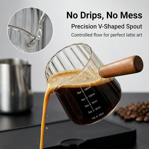 أكواب اسبريسو Farielyn-X بسعة 6 أونصة بمقبض خشبي، وإكسسوارات إسبريسو، وإبريق رغوة الحليب المضلع، وكوب قياس زجاجي، وكأس زجاجي مع فم على شكل حرف V، وكوب قهوة لطلقات الإسبريسو - يُغسل يدويًا فقط in Kuwait