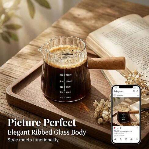 أكواب اسبريسو Farielyn-X بسعة 6 أونصة بمقبض خشبي، وإكسسوارات إسبريسو، وإبريق رغوة الحليب المضلع، وكوب قياس زجاجي، وكأس زجاجي مع فم على شكل حرف V، وكوب قهوة لطلقات الإسبريسو - يُغسل يدويًا فقط in Kuwait