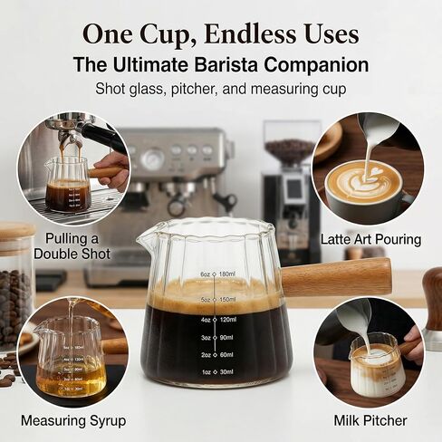 أكواب اسبريسو Farielyn-X بسعة 6 أونصة بمقبض خشبي، وإكسسوارات إسبريسو، وإبريق رغوة الحليب المضلع، وكوب قياس زجاجي، وكأس زجاجي مع فم على شكل حرف V، وكوب قهوة لطلقات الإسبريسو - يُغسل يدويًا فقط in Kuwait