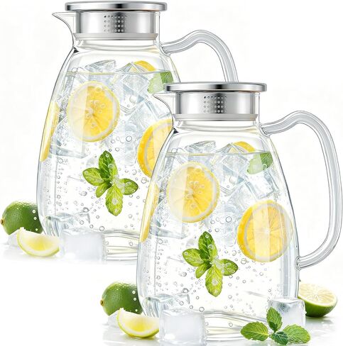 Glass Pitcher with Lid and Handle, 2.2L (74 oz) Borosilicate Glass Water Carafe, Stainless Steel Dual-Filter Lid, Heat Resistant for Hot/Cold Beverages – Iced Tea, Coffee, Juice, Cold Brew in Saudi Arabia