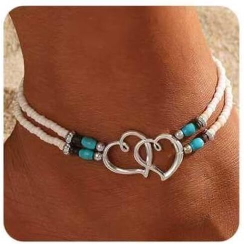 Beaded Ankle Bracelet for Women Double Layered Elastic Beaded Anklet Bracelets Double Hollow Hearts Stretch Waterproof Anklet Dainty Boho Turquoise Foot Bracelet Summer Beach Jewelry for Women in Saudi Arabia