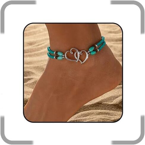 Beaded Ankle Bracelet for Women Double Layered Elastic Beaded Anklet Bracelets Double Hollow Hearts Stretch Waterproof Anklet Dainty Boho Turquoise Foot Bracelet Summer Beach Jewelry for Women in Saudi Arabia