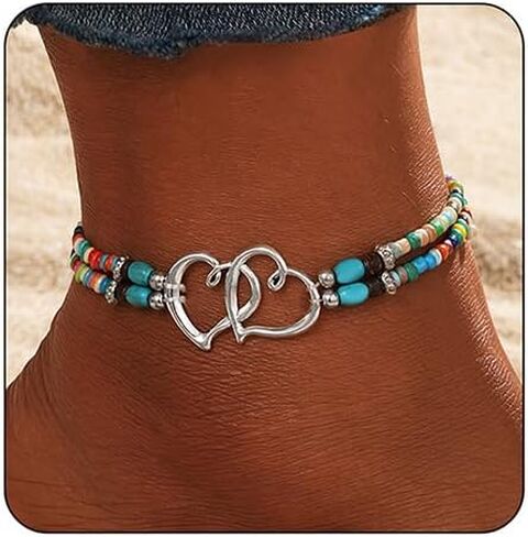 Beaded Ankle Bracelet for Women Double Layered Elastic Beaded Anklet Bracelets Double Hollow Hearts Stretch Waterproof Anklet Dainty Boho Turquoise Foot Bracelet Summer Beach Jewelry for Women in Saudi Arabia