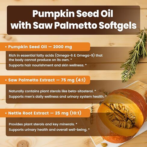 Pumpkin Seed Oil Capsules with Saw Palmetto and Nettle Root, 2000mg Per Serving, 300 Softgels, Vegan, Rich in Essential Fatty Acids (Omega-6 & Omega-9) in Saudi Arabia