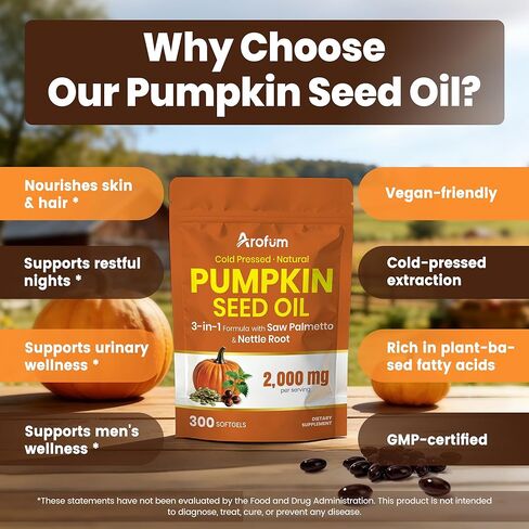 Pumpkin Seed Oil Capsules with Saw Palmetto and Nettle Root, 2000mg Per Serving, 300 Softgels, Vegan, Rich in Essential Fatty Acids (Omega-6 & Omega-9) in Saudi Arabia