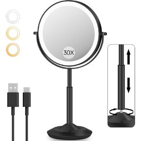 مرآة مكياج VFD 30X/1X مع أضواء، مرآة مكياج مكبرة بارتفاع قابل للتعديل مع 3 إضاءة وسطوع قابل للتعديل، مفتاح مزدوج الجوانب قابل لإعادة الشحن بقدرة 3000 مللي أمبير في الساعة هدية للنساء المكتبيات in Kuwait