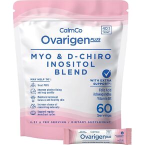 مكمل CalmCo Ovarigen Plus Myo-Inositol & D-Chiro Inositol للنساء - مسحوق 40:1 مع حمض الفوليك والأشواغاندا وفيتامين D3، ومكملات الخصوبة لمتلازمة تكيس المبايض، ودعم المبيض (30 كيسًا) in Kuwait