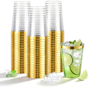 N9R 72 قطعة من الأكواب البلاستيكية الذهبية، 12oz أكواب بلاستيكية شفافة مع حافة ذهبية، أكواب للاستعمال مرة واحدة مثالية للحفلات وحفلات الزفاف وأعياد الميلاد in Kuwait
