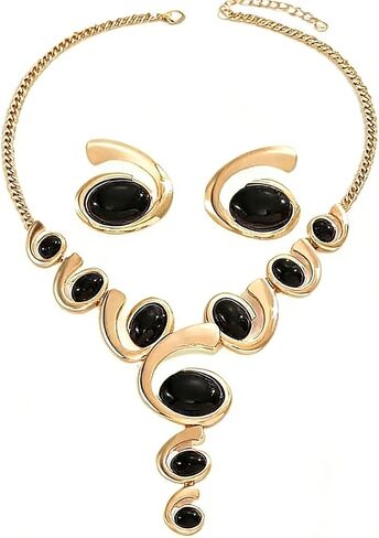 Statement Necklace Earrings Set Gold Chunky Geometric Hammered Pendant Necklace Earrings Retro Irregular Ellipse Extra Large Long Y-Necklace Trendy Party Jewelry Set in Saudi Arabia