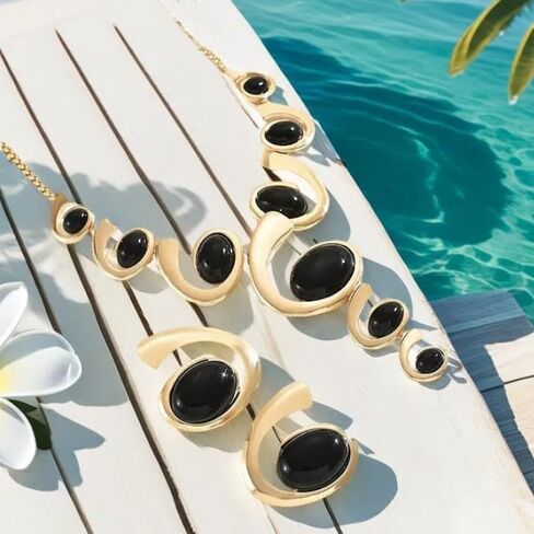 Statement Necklace Earrings Set Gold Chunky Geometric Hammered Pendant Necklace Earrings Retro Irregular Ellipse Extra Large Long Y-Necklace Trendy Party Jewelry Set in Saudi Arabia