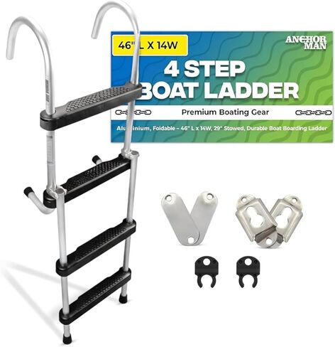 سلم من 4 خطوات مقاس 44 بوصة × 14 بوصة، سلم ألومنيوم قابل للطي للقارب - سلم عالي التحمل بسعة 400 رطل، سلم بحري غير قابل للانزلاق، خفيف الوزن وتصميم قابل للإزالة للقوارب والطوافات واليخوت والأرصفة in Kuwait
