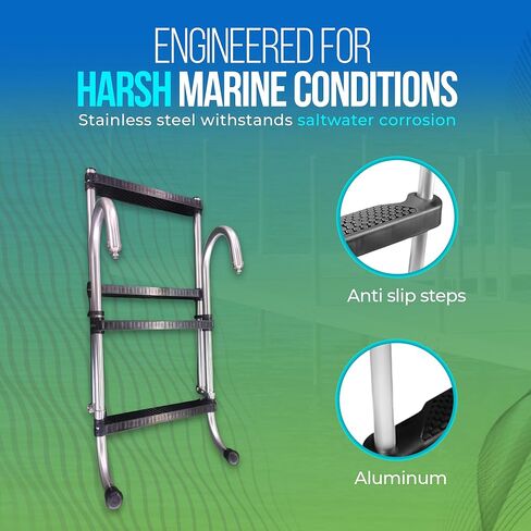 سلم من 4 خطوات مقاس 44 بوصة × 14 بوصة، سلم ألومنيوم قابل للطي للقارب - سلم عالي التحمل بسعة 400 رطل، سلم بحري غير قابل للانزلاق، خفيف الوزن وتصميم قابل للإزالة للقوارب والطوافات واليخوت والأرصفة in Kuwait