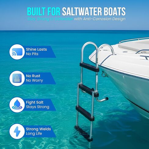 سلم من 4 خطوات مقاس 44 بوصة × 14 بوصة، سلم ألومنيوم قابل للطي للقارب - سلم عالي التحمل بسعة 400 رطل، سلم بحري غير قابل للانزلاق، خفيف الوزن وتصميم قابل للإزالة للقوارب والطوافات واليخوت والأرصفة in Kuwait