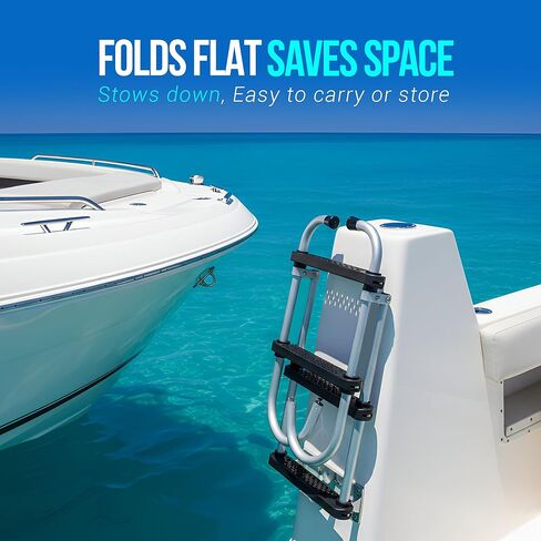 سلم من 4 خطوات مقاس 44 بوصة × 14 بوصة، سلم ألومنيوم قابل للطي للقارب - سلم عالي التحمل بسعة 400 رطل، سلم بحري غير قابل للانزلاق، خفيف الوزن وتصميم قابل للإزالة للقوارب والطوافات واليخوت والأرصفة in Kuwait