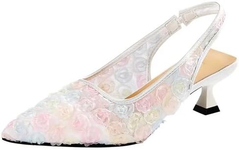 أعقاب هريرة من الدانتيل الأنيقة للنساء - Slingback مدبب إصبع القدم أحذية شبكة الأزهار in Kuwait