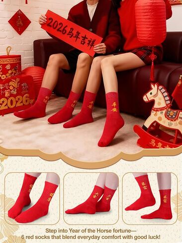 6 Pairs 2026 Chinese New Year Gifts Red Fortune Horse Cotton Crew Socks Spring Festive Socks for Women Men in Saudi Arabia