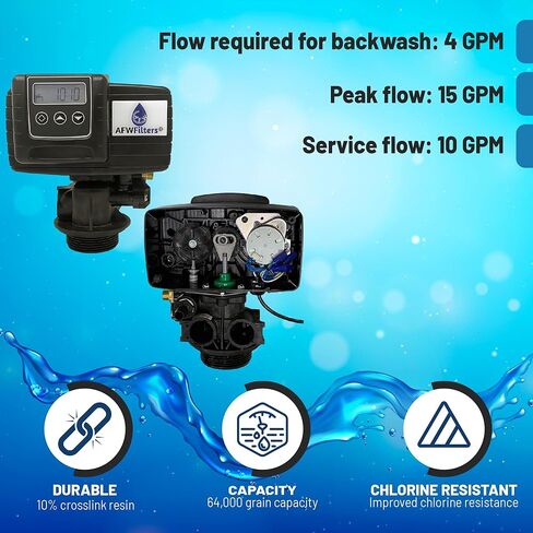 نظام منقي المياه AFW Premium Fleck Whole House 64k - ترقية 10٪ راتنج 5600sxt يتم قياسها عند الطلب - نظام فعال لتنعيم المياه مع ممر جانبي 1 بوصة وخزان محلول ملحي - سعة 64000 حبة in Kuwait