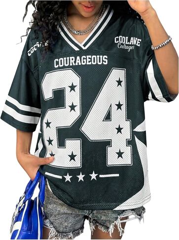 Girl's Y2K Mesh Oversized Jersey Tops Number Star Graphic Tees Vintage V Neck T Shirts in Saudi Arabia