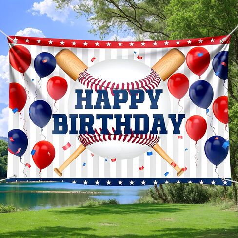 Happy Birthday Baseball Backdrop - Red Blue Balloon Game Theme Banner for Sports Party Decor, Championship Celebration, Baseball Shower, Fan Cave Photography 72x43 Inch in Saudi Arabia