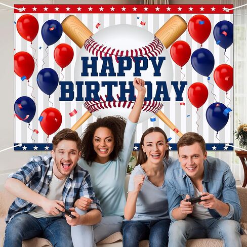 Happy Birthday Baseball Backdrop - Red Blue Balloon Game Theme Banner for Sports Party Decor, Championship Celebration, Baseball Shower, Fan Cave Photography 72x43 Inch in Saudi Arabia