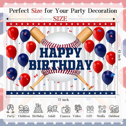 Happy Birthday Baseball Backdrop - Red Blue Balloon Game Theme Banner for Sports Party Decor, Championship Celebration, Baseball Shower, Fan Cave Photography 72x43 Inch in Saudi Arabia
