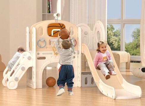 XJD 8 in 1 Toddler Slide Set, Kids Slide for Toddlers Age 1+, Climber Slide PlaySet with Basketball Hoop and Ball,Outdoor Indoor Playground for Toddlers 1-3 (Blue Gley, 8 in 1) in Kuwait