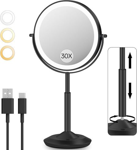 مرآة مكياج VFD 30X/1X مع أضواء، مرآة مكياج مكبرة بارتفاع قابل للتعديل مع 3 إضاءة وسطوع قابل للتعديل، مفتاح مزدوج الجوانب قابل لإعادة الشحن بقدرة 3000 مللي أمبير في الساعة هدية للنساء المكتبيات in Saudi Arabia