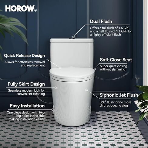 مرحاض HOROW T0307W ممدود من قطعة واحدة، صغير الحجم مع مقعد إغلاق ناعم، 1.1/1.6 GPF مرحاض مزدوج قوي للحمام الصغير، وعاء مرحاض قياسي 12 بوصة، مرحاض أبيض حديث in Kuwait