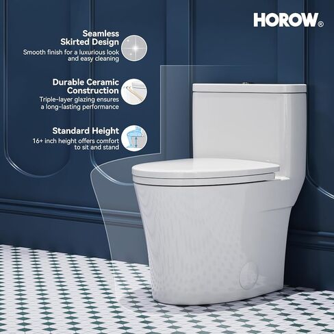 مرحاض HOROW T0307W ممدود من قطعة واحدة، صغير الحجم مع مقعد إغلاق ناعم، 1.1/1.6 GPF مرحاض مزدوج قوي للحمام الصغير، وعاء مرحاض قياسي 12 بوصة، مرحاض أبيض حديث in Kuwait
