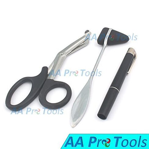مجموعة AA PRO مكونة من 3 أقلام PENLIGHT سوداء قابلة لإعادة الاستخدام + مطرقة إيقاعية تايلور ذات رأس أسود + مقصات طبية سوداء مقاس 7.5 بوصة جودة A+ in Saudi Arabia